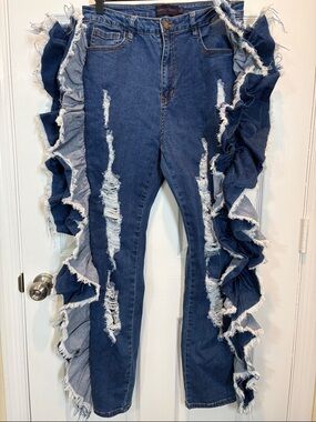 Purple Candy Dark Blue Ruffle-Side Distressed Skinny Jeans women’s size XL 29